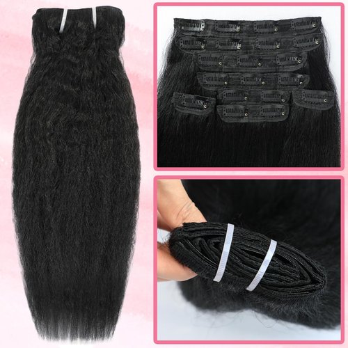 24 inch Kinky Straight Clip in Hair Extensions Real Human Hair Clip ins Yaki Full Head for Women Brazilian Human Hair Natural Black Color 8pcs 20 Clips 110g