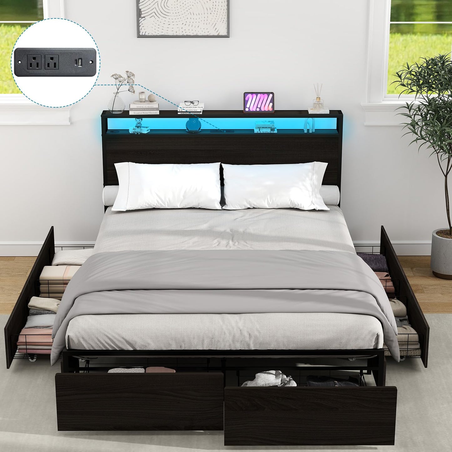 Kiivakii Full Size Bed Frame with Headboard, LED Platform Bed with 6 Storage Drawers, Built in Charging Station, Noise-Free, Metal Support Base, No Box Spring Needed, Black