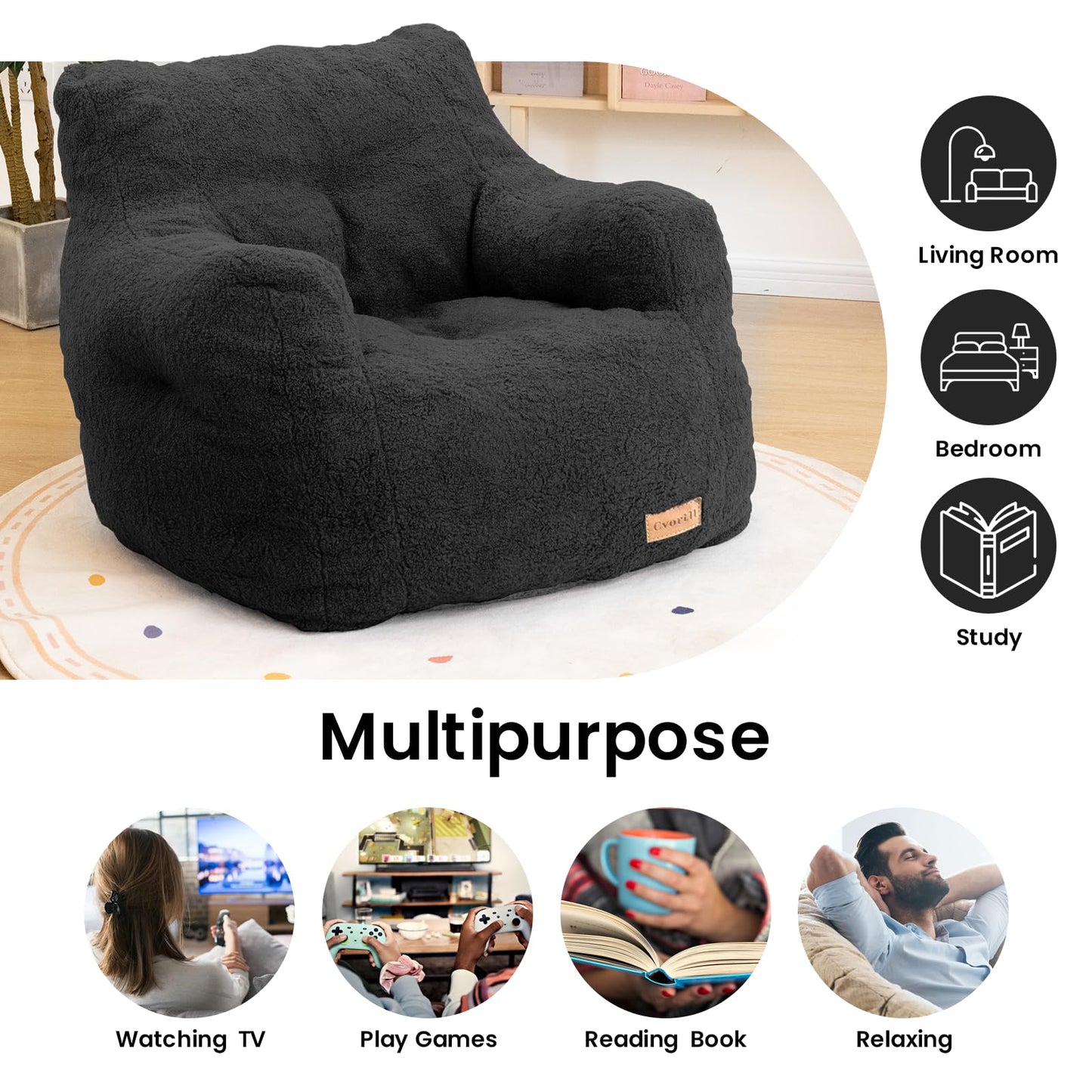 Cvortll Bean Bag Chair with Filler, Bean Bag Sofa with Tufted Soft Stuffed Filling, Fluffy and Lazy Sofa, Comfy Cozy BeanBag Chairs with Memory Foam for Dorm, Apartment, Living Room (Black)