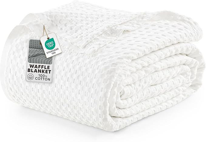 Utopia Bedding White 100% Cotton Waffle Blanket 300 GSM [Queen - 90x90 Inch] Soft Lightweight Breathable Bed Blanket for A...