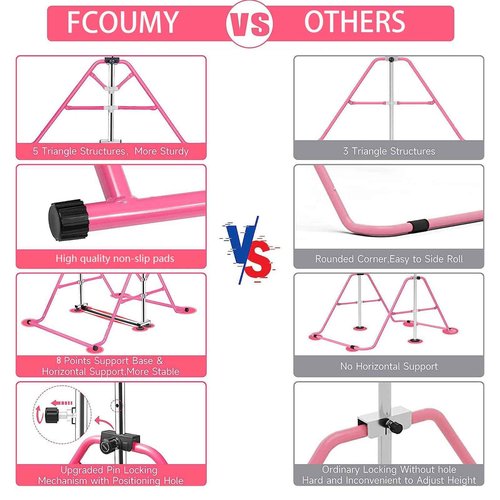 FCOUMY Gymnastics Horizontal Bar, Junior Training Kip Bar Gymnastics Equipment for Home, Adjustable Telescopic Height Folding Horizontal Bar with Gymnastic Rings for 3-12 Years Old Kids