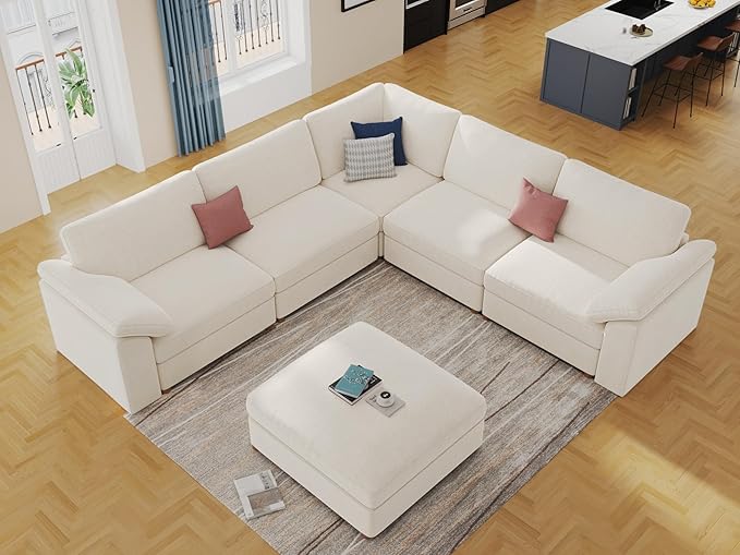 EASE MOOSE Sectional Modular Sofa,Luxury FSC Certified Chenille Comfty Deep Seat Couch for Living Room,Solid Wood Frame Sofa,White