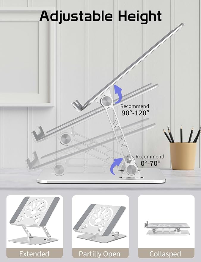 Axbima Aluminum Laptop Stand for Desk – Adjustable Ergonomic Laptop Riser, Foldable & Portable Holder Fit for MacBook & 10"-16" Laptops for Office, Home & Travel,Silver