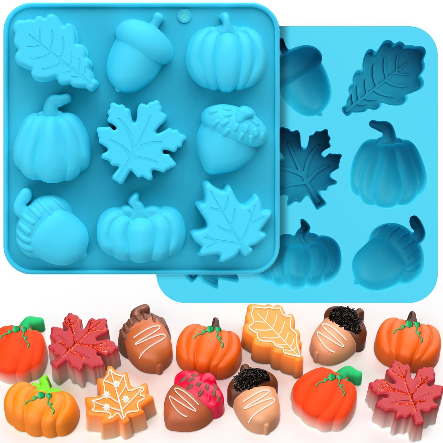 Palksky Fall Silicone Molds, Pumpkin Halloween Thanksgiving Candy Mold Silicone, Fall Maple Leaf Acornshape Chocolate Molds, Fall Baking Supplies