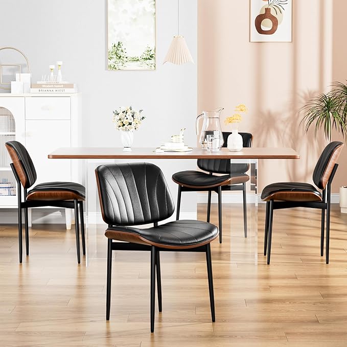 YaFiti Dining Chairs Set of 6, Dining Room and Kitchen Chairs, FSC Certified Mid Century Modern Accent Chair, Upholstered PU Leather Chairs for Vanity with Walnut Bentwood and Metal Legs, Black