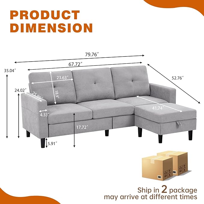 Pingliang Home 80" Convertible Sectional Sofa Couch with Movable Ottoman, 3 Seats Sectional Sofas L Shaped Couch for Small Spaces, Soft Fabric Couch for Living Room (Light Grey)