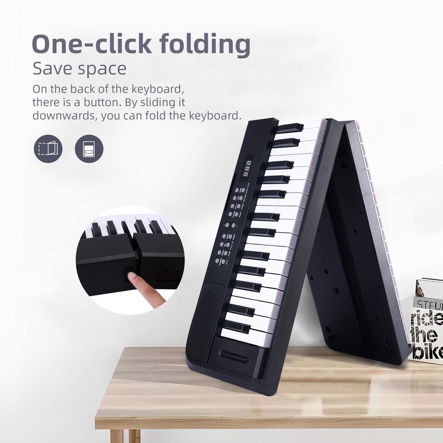 ADM 61 Key Folding Electric Piano Keyboard, Foldable Electronic Keyboard, Wireless 128 Tones, 128 Rhythms Includes Pedal, Gig Bag, Headphones for Beginners, Students, Teenagers, Adults, Black