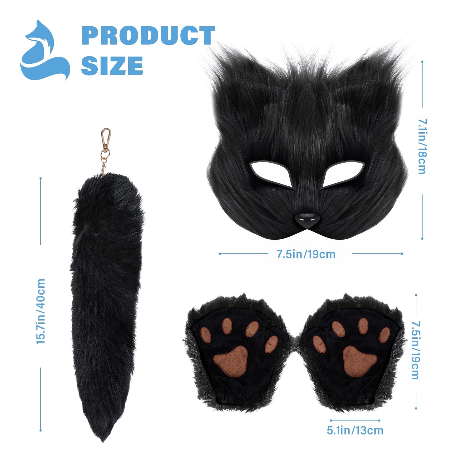 TherianMask Tail Set Furry Cat Fox Mask With Therian Paws Kit - Halloween Costume for Adults (Black)