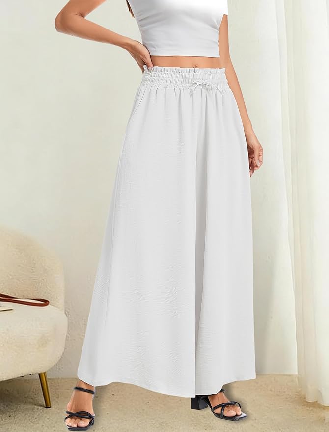 Women’s Wide Leg Pants Drawstring Elastic Waist Casual Trousers Lightweight Loose Lounge Pants with Pockets