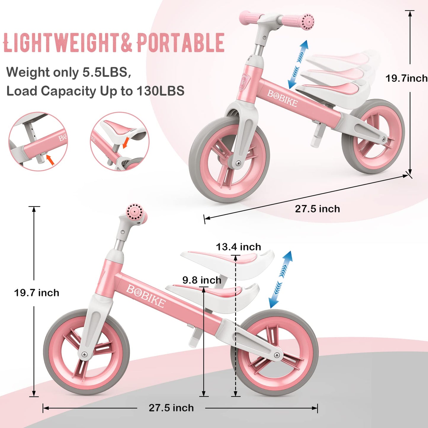 Bobike Toddler Balance Bike Toys for 1 to 3 Year Old Girls Boys Adjustable Seat and Handlebar No-Pedal Training Bike Best Gifts for Kids (Pink)