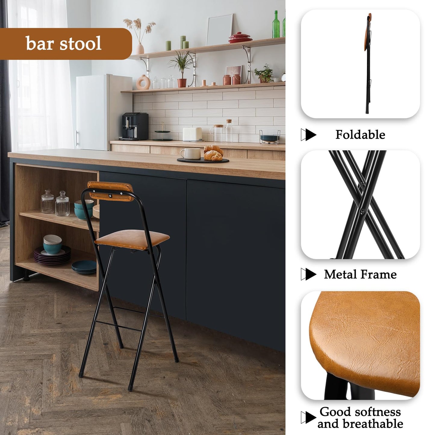 CroBlissful 1 Pcs 25.5'' Folding Bar Stool with Back Tall Brown Leather Folding Stool Cushioned Padded Folding Counter Height Stool Collapsible Portable Barstools for Adults Kitchen Cafe Guitar