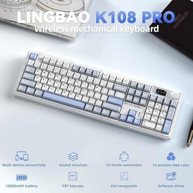 LINGBAO K108 Pro Wireless Mechanical Keyboard with Screen & Knob, Full Size Creamy Keyboard with Number Pad, 10000mAh Battery, PBT Keycaps, RGB Backlit, Hot-swappable Gaming Keyboards