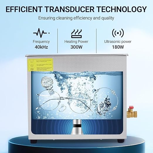 Industrial Heated Ultrasonic Cleaner 6.5L 180W 40kHz，Digital Timer & Temperature Control 0-80°C，Stainless Steel Tank for Tools, Electronics, Jewelry, and Precision Parts