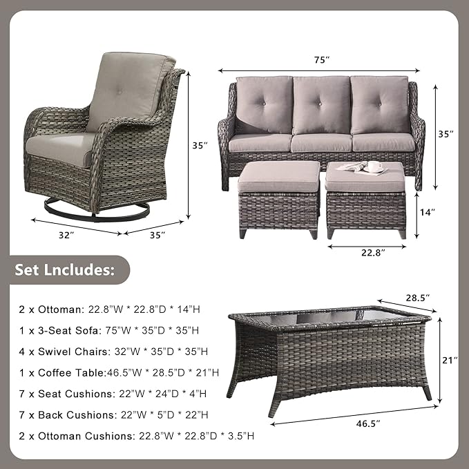Rilyson Wicker Patio Furniture Set - 8 Piece Rattan Outdoor Sectional Conversation Sets with 4 Swivel Rocking Chairs,2 Ottomans,1 Sofa and 1 Coffee Table for Porch Deck Garden(Mixed Grey/Grey)