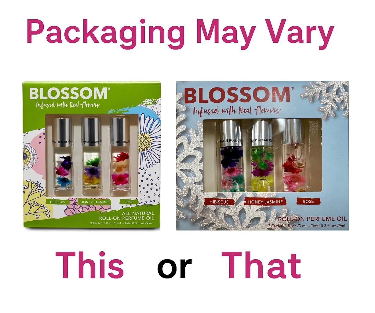 Blossom Roll on Perfume for Women Alcohol Free Rollerball Perfume Oil with Essential Oils, Infused with Real Flowers, Made in USA, 0.3oz, 3 pack Mini Gift Set, Hibiscus/Honey Jasmine/Rose