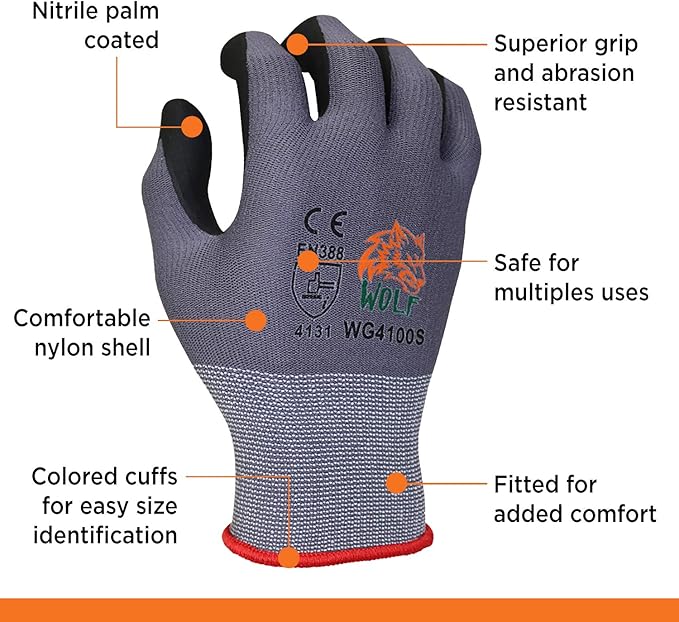 WOLF Ultra-Thin Nitrile Foam Palm Coated Glove with Tacky Dot Grip, Multi Purpose