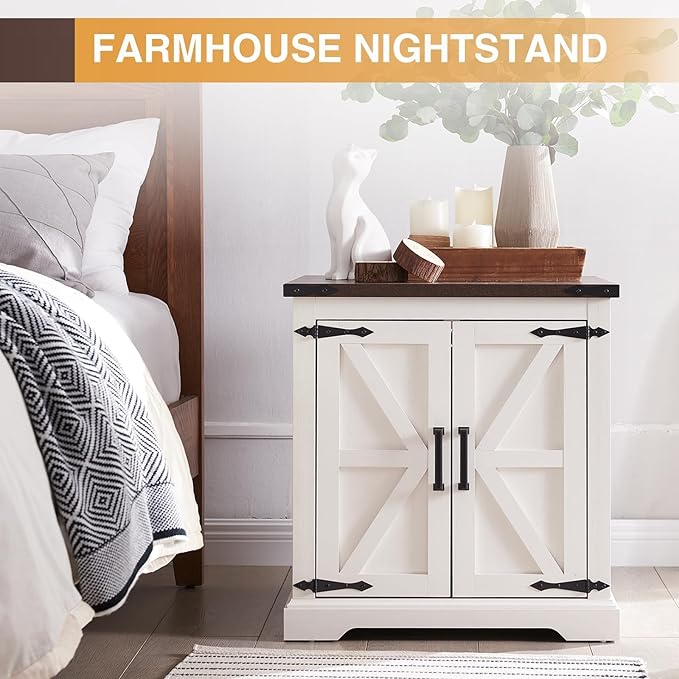 Barnyatoh Farmhouse End Table with Charging Station,24" Large Side Table with Barn Door, Rustic Wood Square Nightstand Bedside Table with Adjustable Shelf for Living Room, Bedroom,Antique White 2-Pack