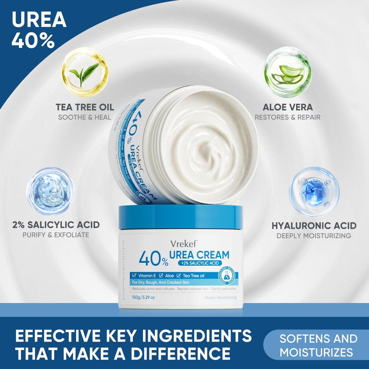 VREKEF Urea Cream 40% Plus Salicylic Acid 2%, Urea Cream 40 Percent for Feet Maximum Strength, Foot Cream for Dry Heels Cracked
