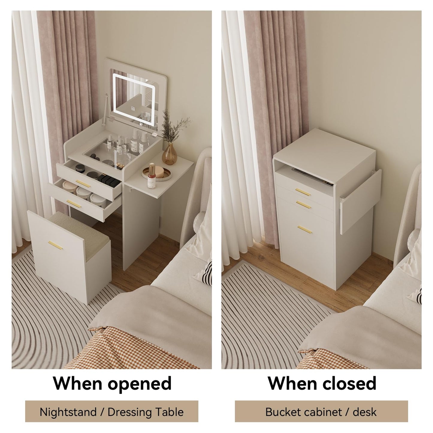 ARTETHYS Small Vanity Desk Set with Flip-top Mirror and Lights White Integrated 3 in 1 Makeup Vanities Set for Compact Space Mini Dressing Table with Fold-up Panel and Storage Chair for Bedroom