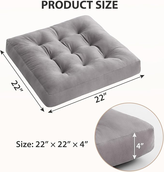 SM-XLHN Meditation Floor Pillow Set of 4, Square Large Pillows Seating for Adults, Meditation Cushion Pillow,Tufted Corduroy Cushion for Tatami Living Room or Yoga, Light Gray, 22x22 Inch
