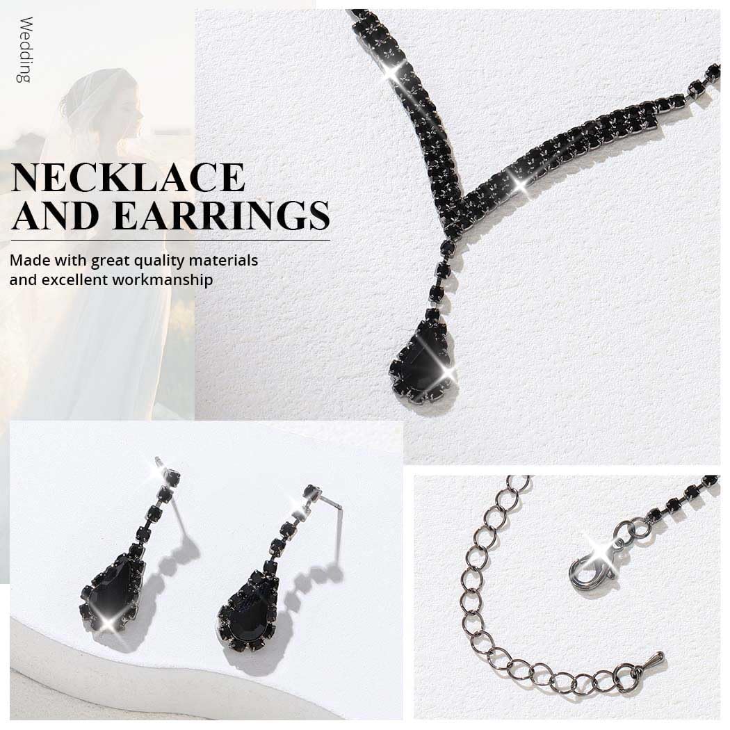 Unicra Black Jewelry Sets Prom Formal Rhinestone Necklace Earrings Bracelet Ring Set Bridal Wedding Indian Costume Jewelry for W