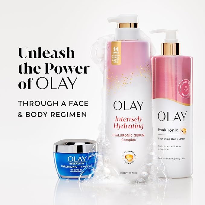 Olay Body Wash for Women, Intensely Hydrating, Hyaluronic Acid Serum Complex, Renews Moisture, Free of Parabens & Phthalates, Vitamin B3 Lameller Technology, For All Skin Types, 20 fl oz (Pack of 4)
