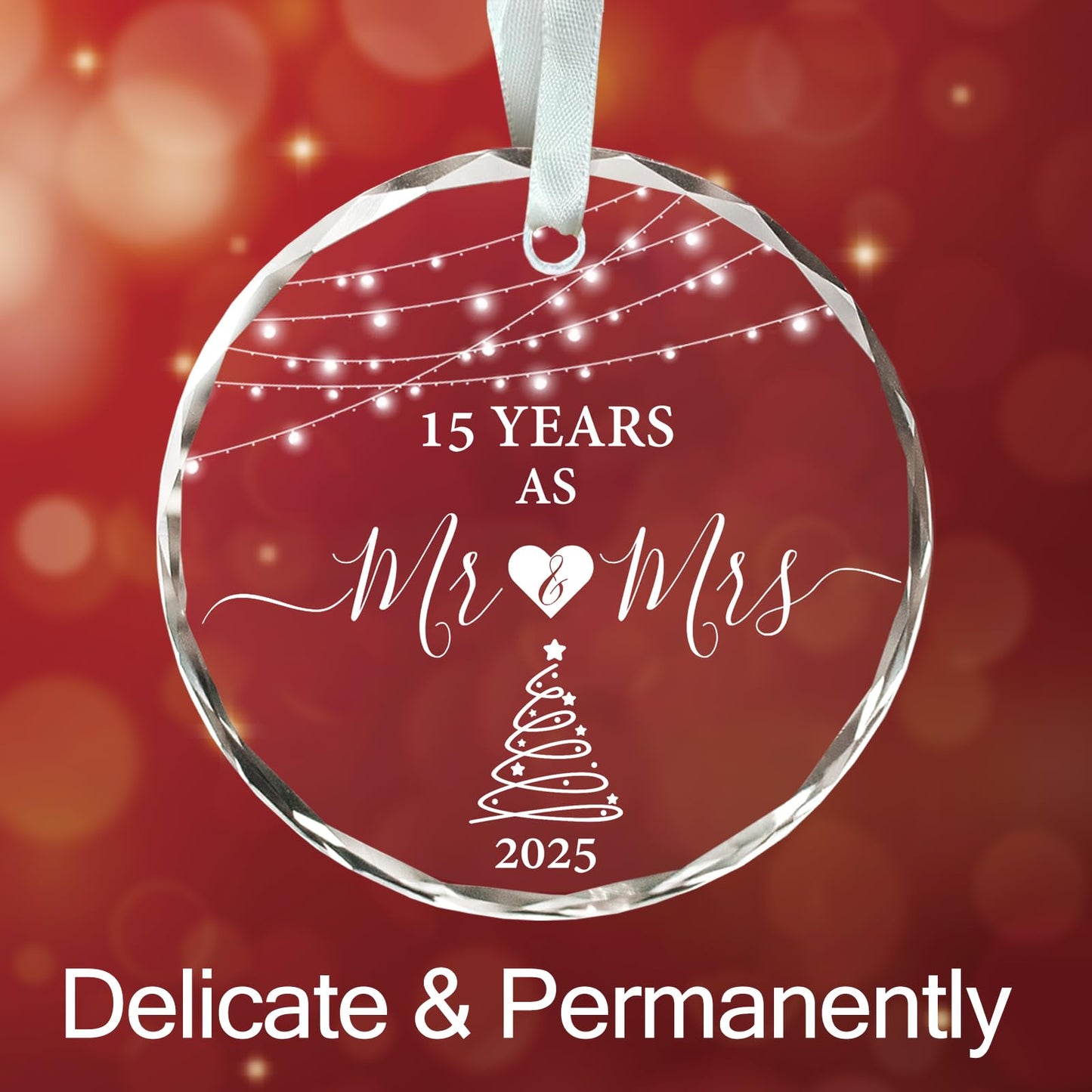 15 Year Anniversary Ornament 2025, 15th Anniversary Wedding Gifts for Couple, 3" Glass Keepsake Valentines Gifts for 15 Year Wedding Christmas Ornaments 2025
