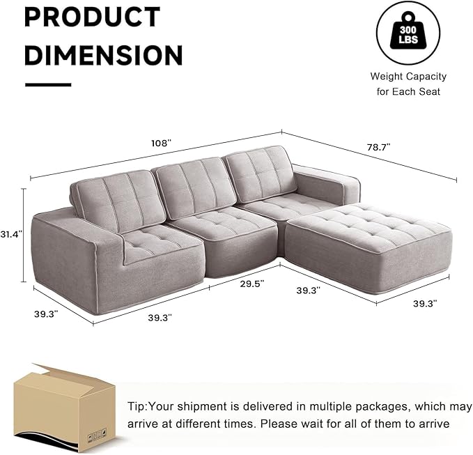 108" Boneless sectional Couch for Living Room,Convertible L-Shape Fleece Couches with Ottoman, Cloud Modular Sofa with Deep Seat for Bedroom, No Assembly,Beige