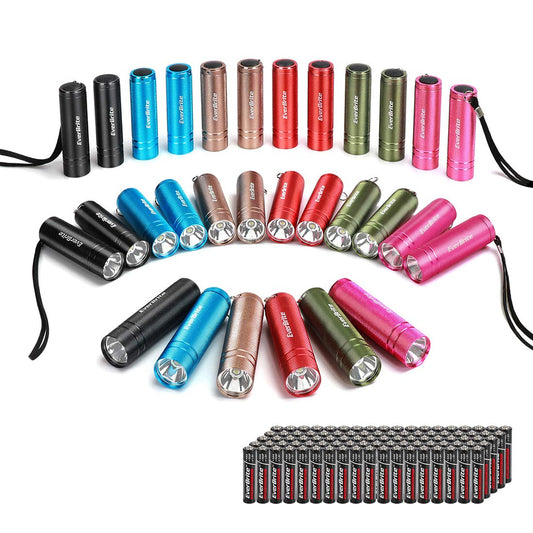 EverBrite 30-Pack Mini Flashlight Set, Aluminum LED Handheld Torches with Lanyard, Assorted Colors, Batteries Included for Party Favors, Night Reading, Camping, Power Outage, Gift to Christmas