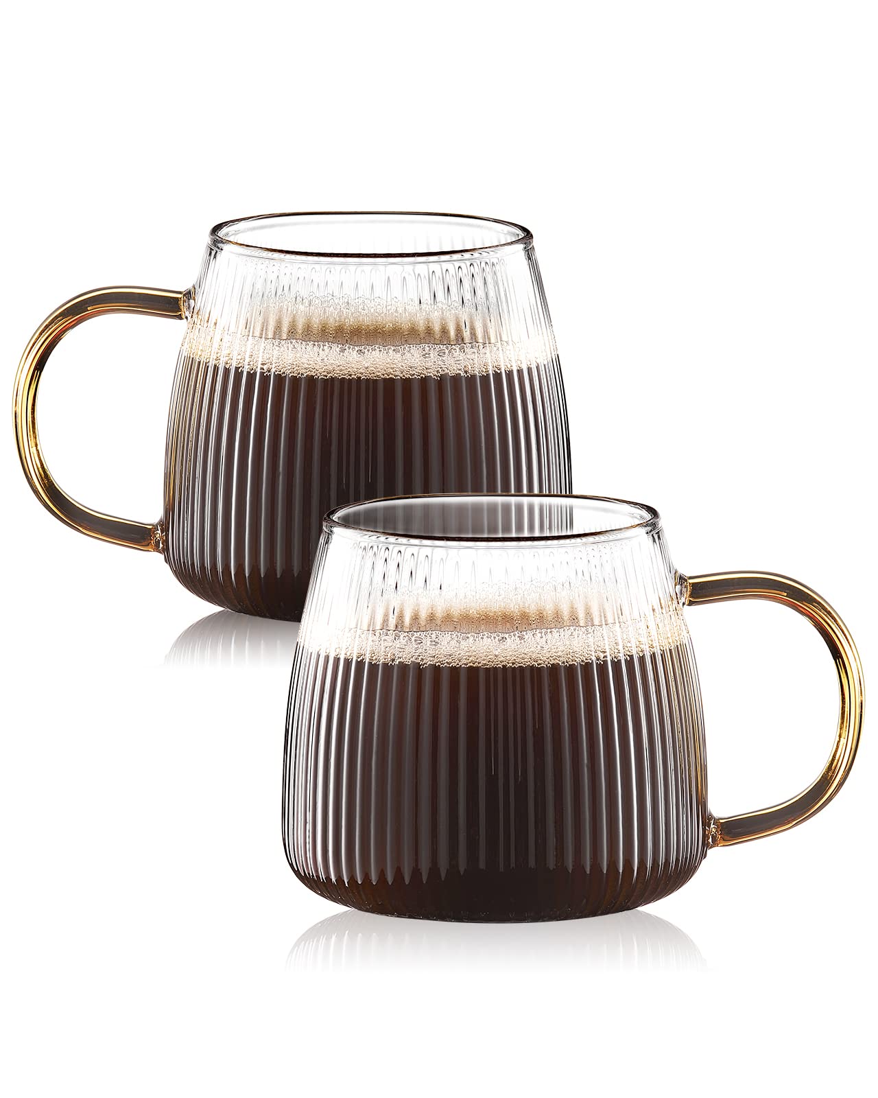 Luxtea Vintage Glass Coffee Mugs Set of 2 Ribbed Drinking Glasses Clear Tea Cups Borosilicate Glass Cup in Vertical Stripes Pattern for Cappuccino,Latte,Beverage (14 Fl.Oz.,Yellow Handle)