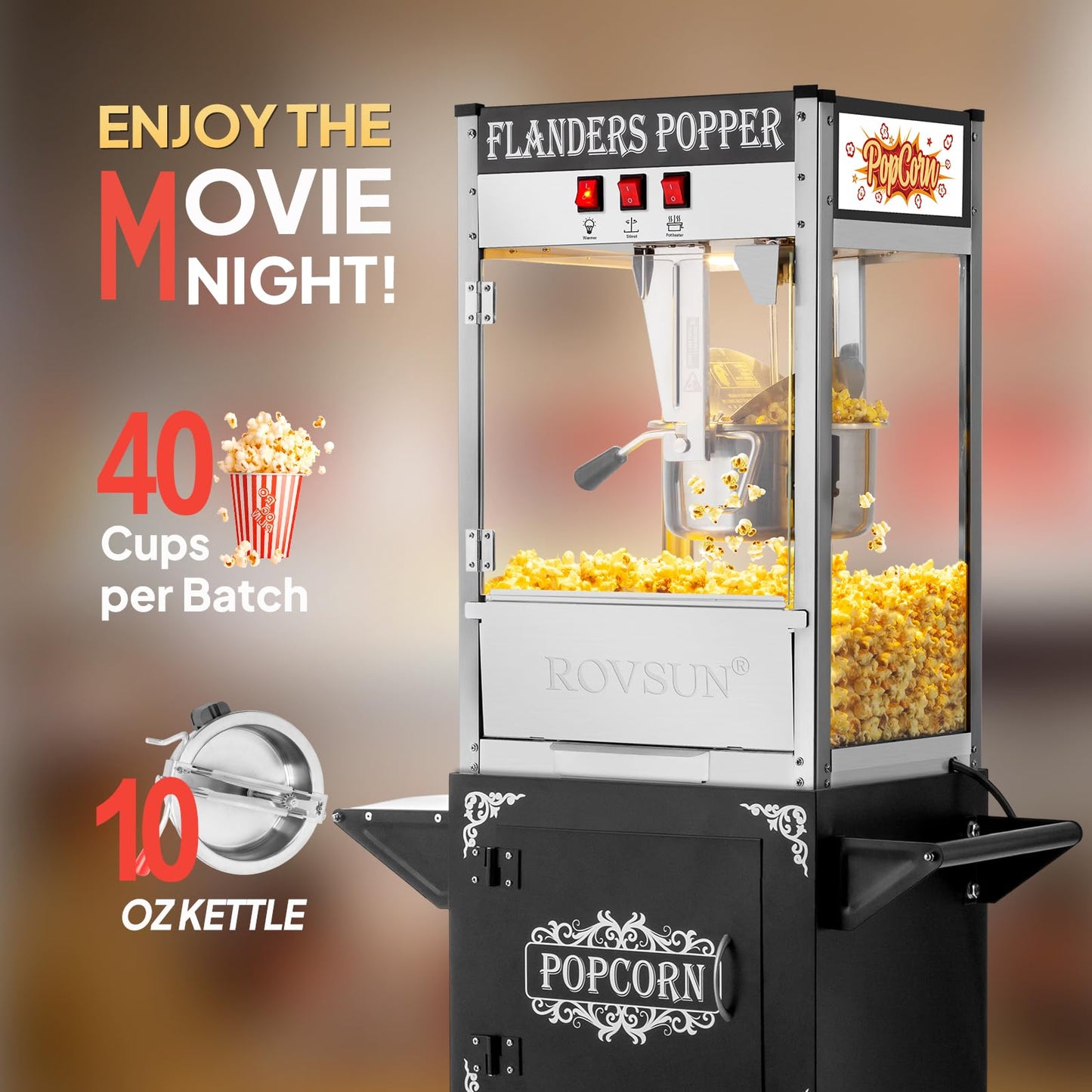ROVSUN Popcorn Machine with Cart, 10 Oz Kettle Makes Up to 4 Gallons ETL Certified, Popcorn Maker w/Scoop, Oil Spoon, Bags & 3 Popcorn Cups, Movie Theater Style Popper for Commercial Home Party, Black