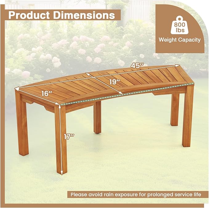 Tangkula Outdoor Curved Bench, Acacia Wood Fire Pit Bench w/Slatted Seat, Patio Backless 2-Person Seating for Porch, Yard, Garden, 800 LBS Max Load, Oil Painted (1, 45")