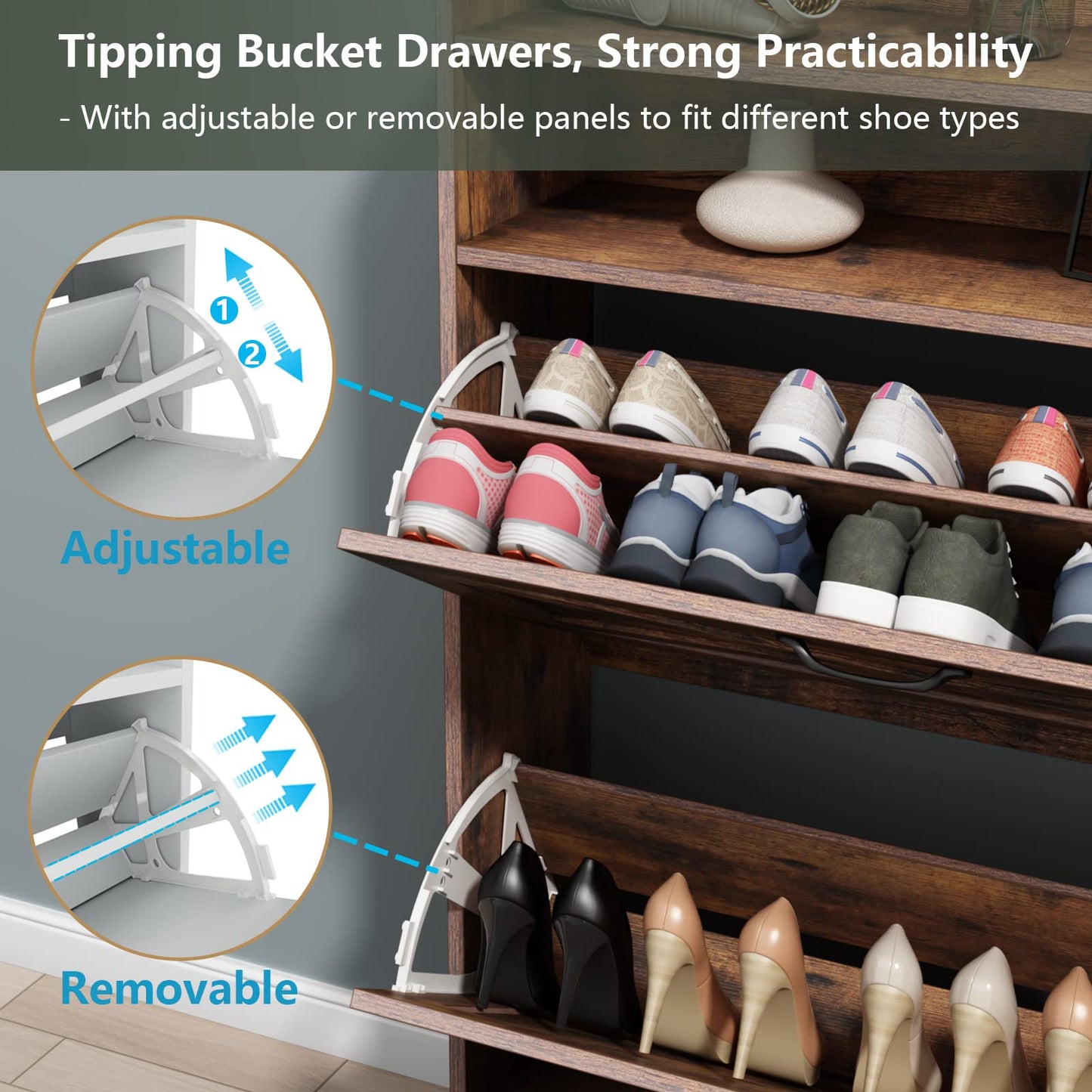 Auromie Shoe Cabinet, Freestanding Tipping Bucket Shoe Storage Cabinet with 2 Flip Drawers, Entryway Shoe Rack with Storage Top Cubby, Narrow Slim Hidden Shoe Organizer with Doors (Brown)