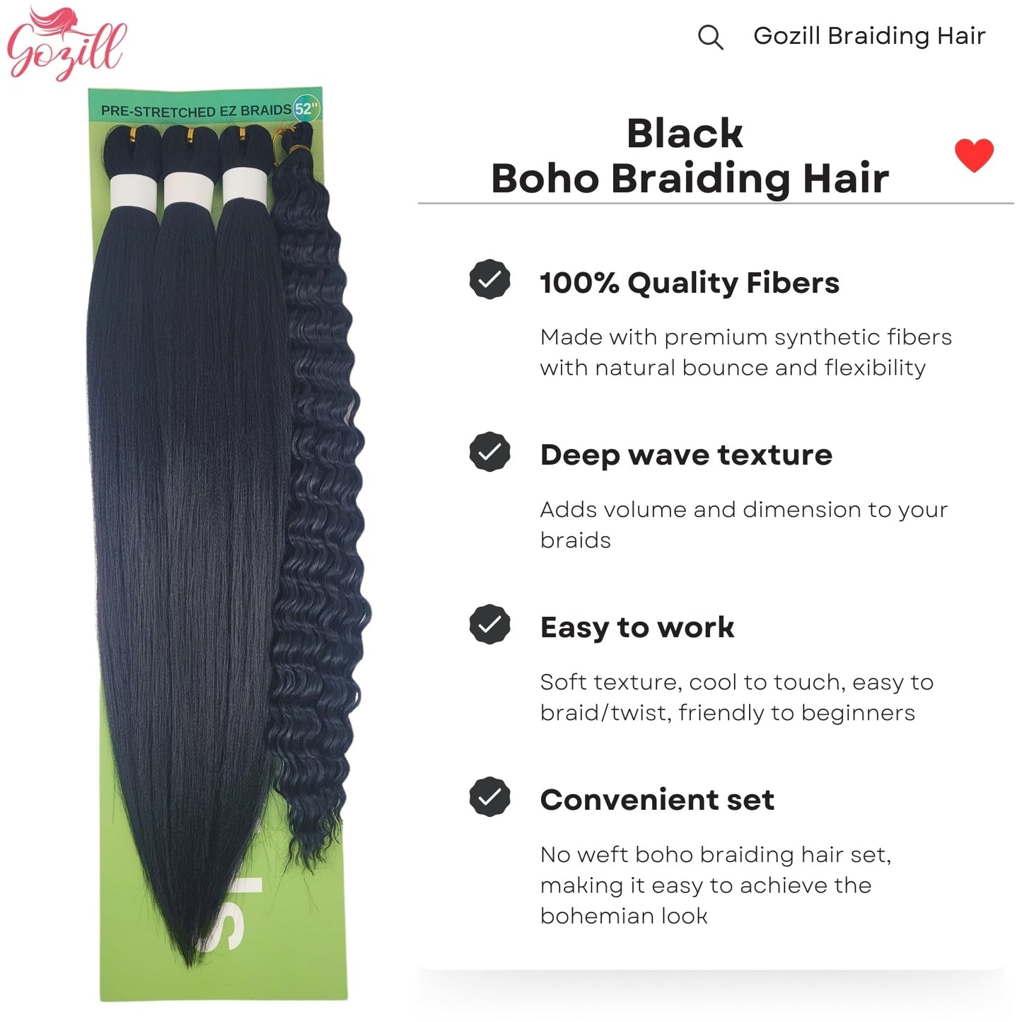 Black Braiding Hair Pre Stretched Knotless Braiding Hair for Boho Braids(6 Packs)