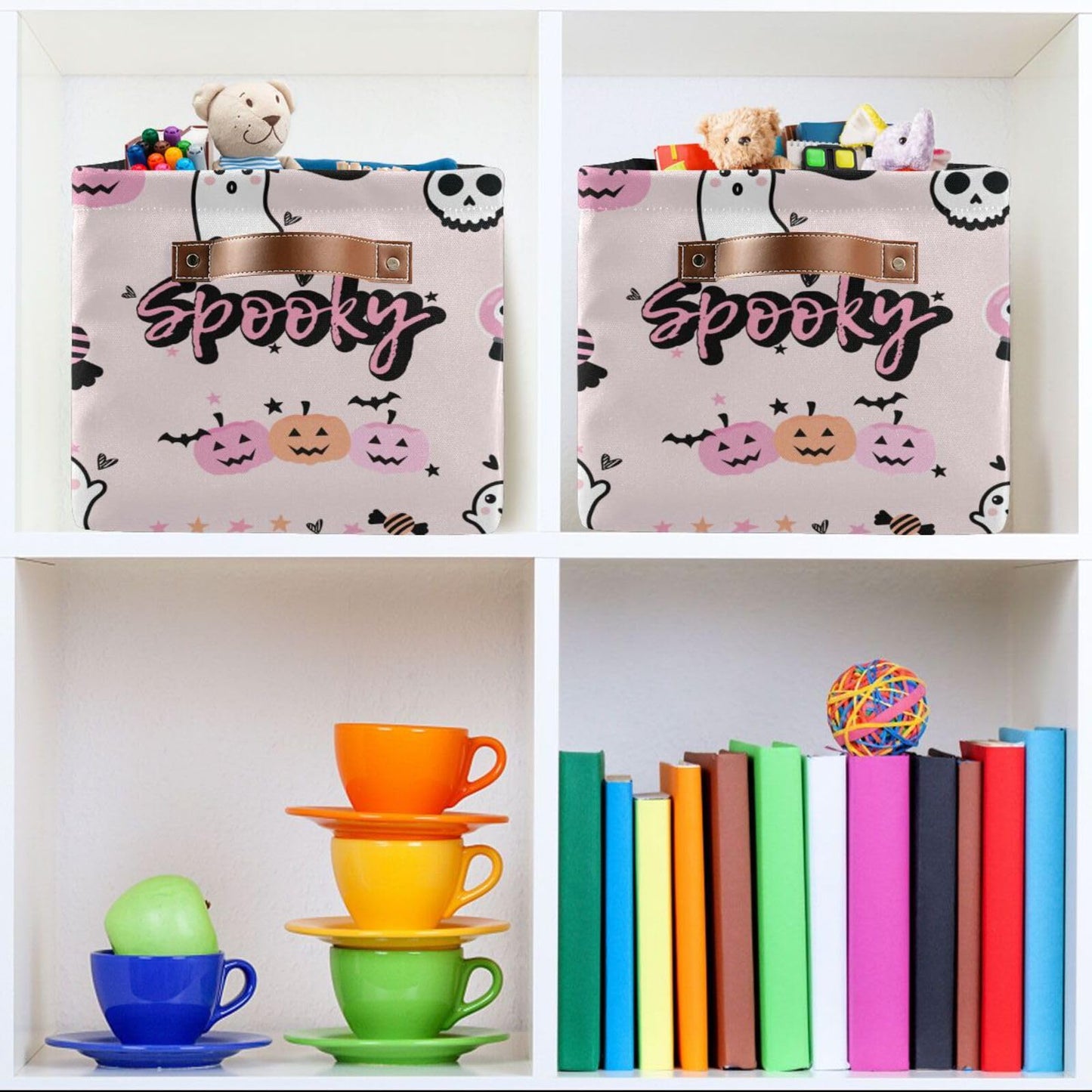 Sletend Foldable Canvas Storage Basket with Handles Halloween Cartoon Ghost Durable Storage Bin Organizer for Nursery Kids Shelves Desks Printed Canvas Storage Basket