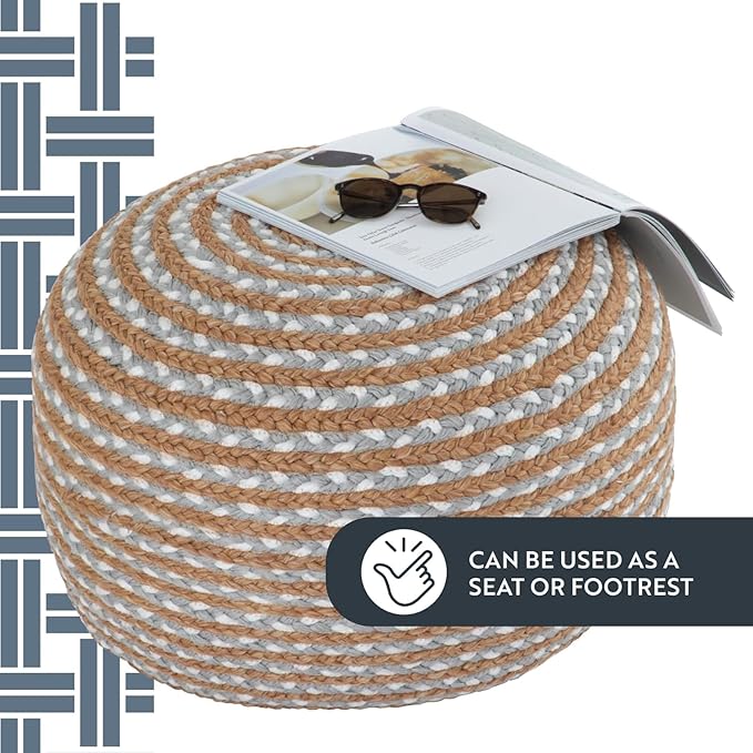 Dekorist Round Ottoman Pouf Footstool Jute Pouffe Stool Seat Cushion Boho Home Decor Extra Seating Pouffe for Living Room, Bedroom, Indoor, Artic Circle 22x22x12 inch, Natural-Cold Blue