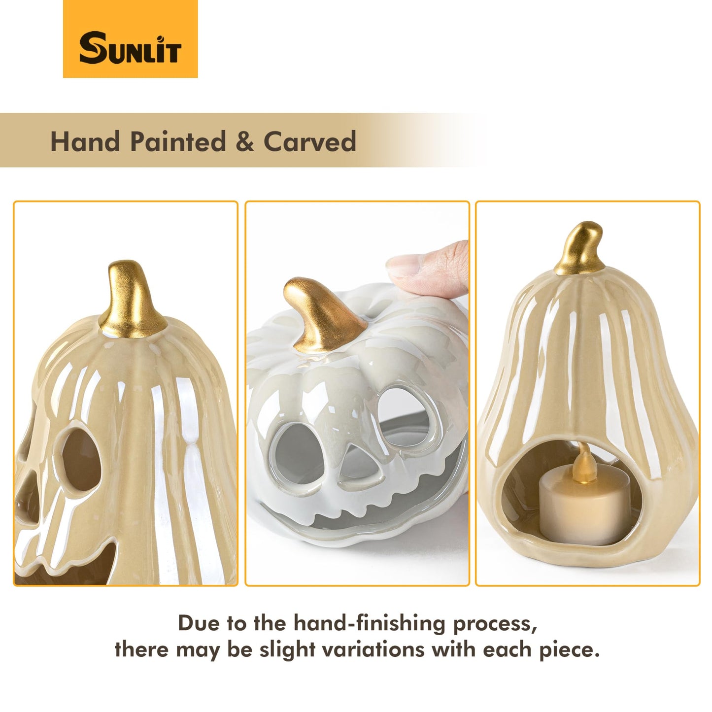 Sunlit Ceramic Pumpkin with 3 Tea Lights, Jack-O-Lantern Candle Holder Set of 3, Tabletop Indoor Halloween Decorations for Holiday Party Home, Pearl Finish