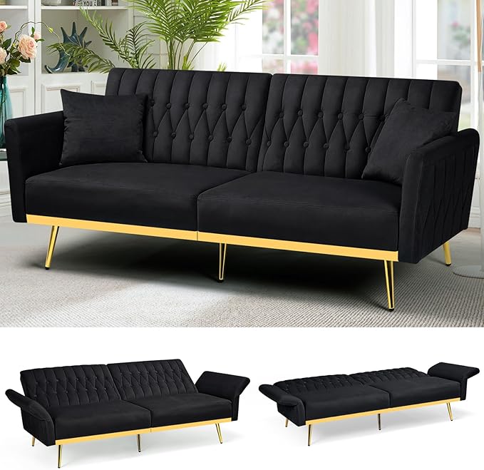 ACMEASE 70” Velvet Futon Sofa Bed with 2 Pillows and Adjustable Armrests, Convertible Sleeper Bed W/Adjustable Backrests, Modern Loveseat for Living Room, Bedroom, Black
