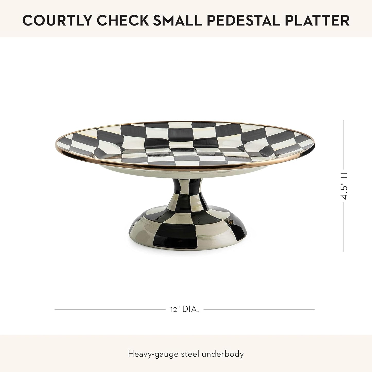 MACKENZIE-CHILDS Enamel Pedestal Serving Platter, Decorative Serving Dish for Food, Small, Black-and-White Courtly Check