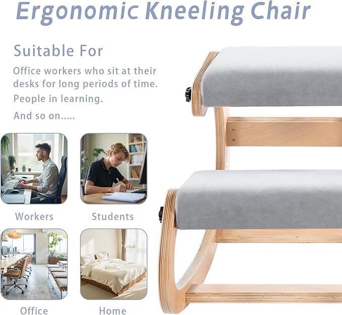 VDNEND Ergonomic Office Kneeling Chair,Wooden Posture Knee Desk Chair for Work,Yoga Rocking Chairs for Relieve Back Pain,Kneel Adjustable Chair for Gaming,Home