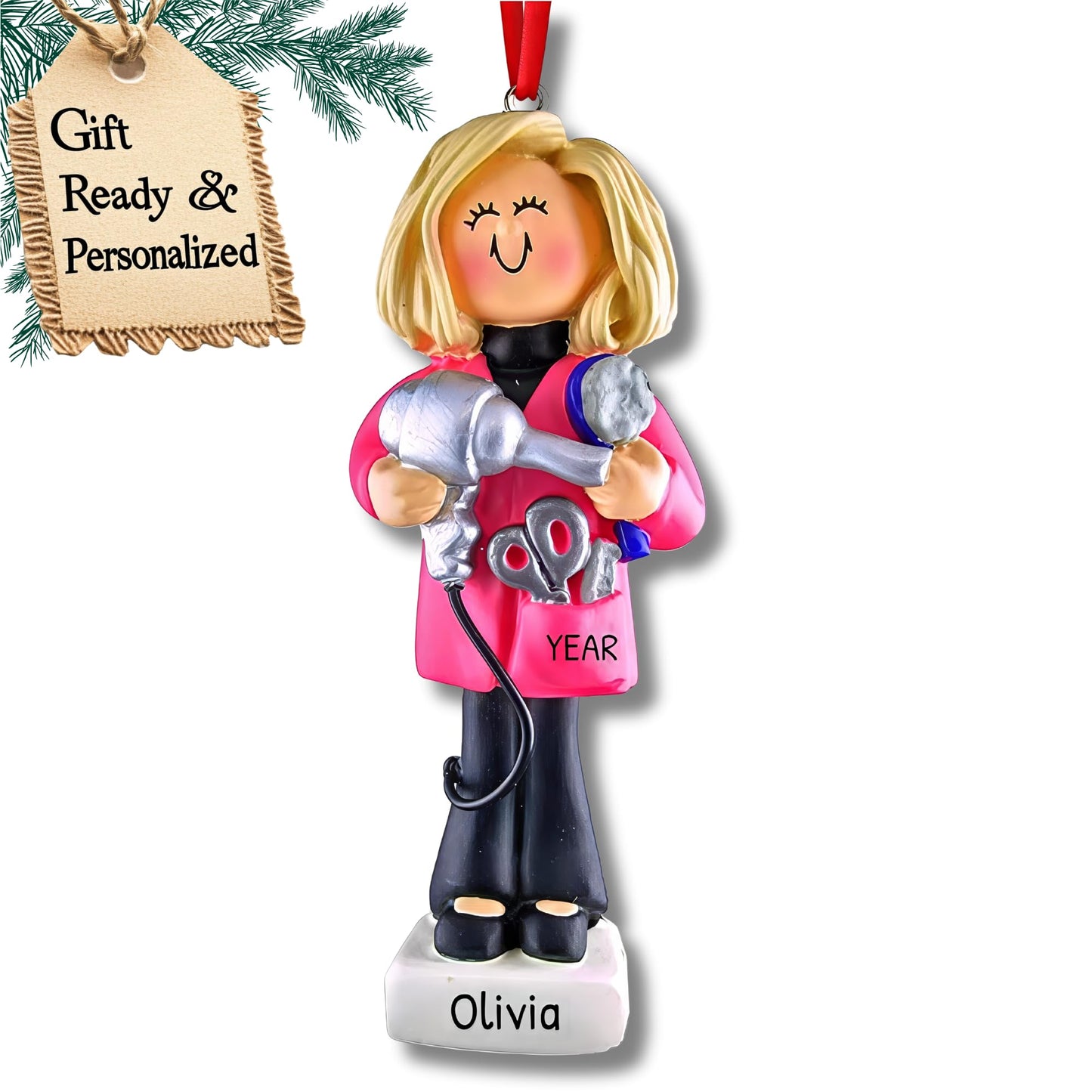 Personalized Hairdresser Ornament 2025 | Custom Name & Year | Blonde Stylist Holding Hairdryer & Scissors – Unique Xmas Tree Keepsake Gift for Hair Stylist, Beautician, Salon Lover, Hair Dresser Decor