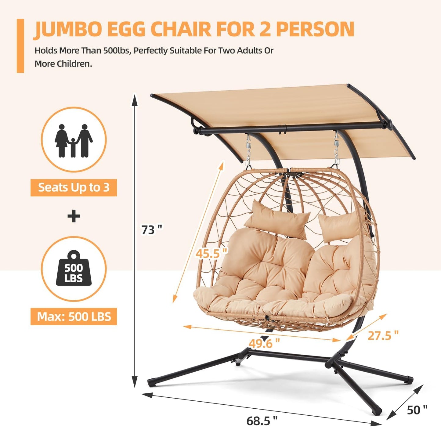 YOLENY Oversized Double Egg Chair with Adjustable Canopy, Patio Hanging Swing Chair, Hammock Chair with Cushion