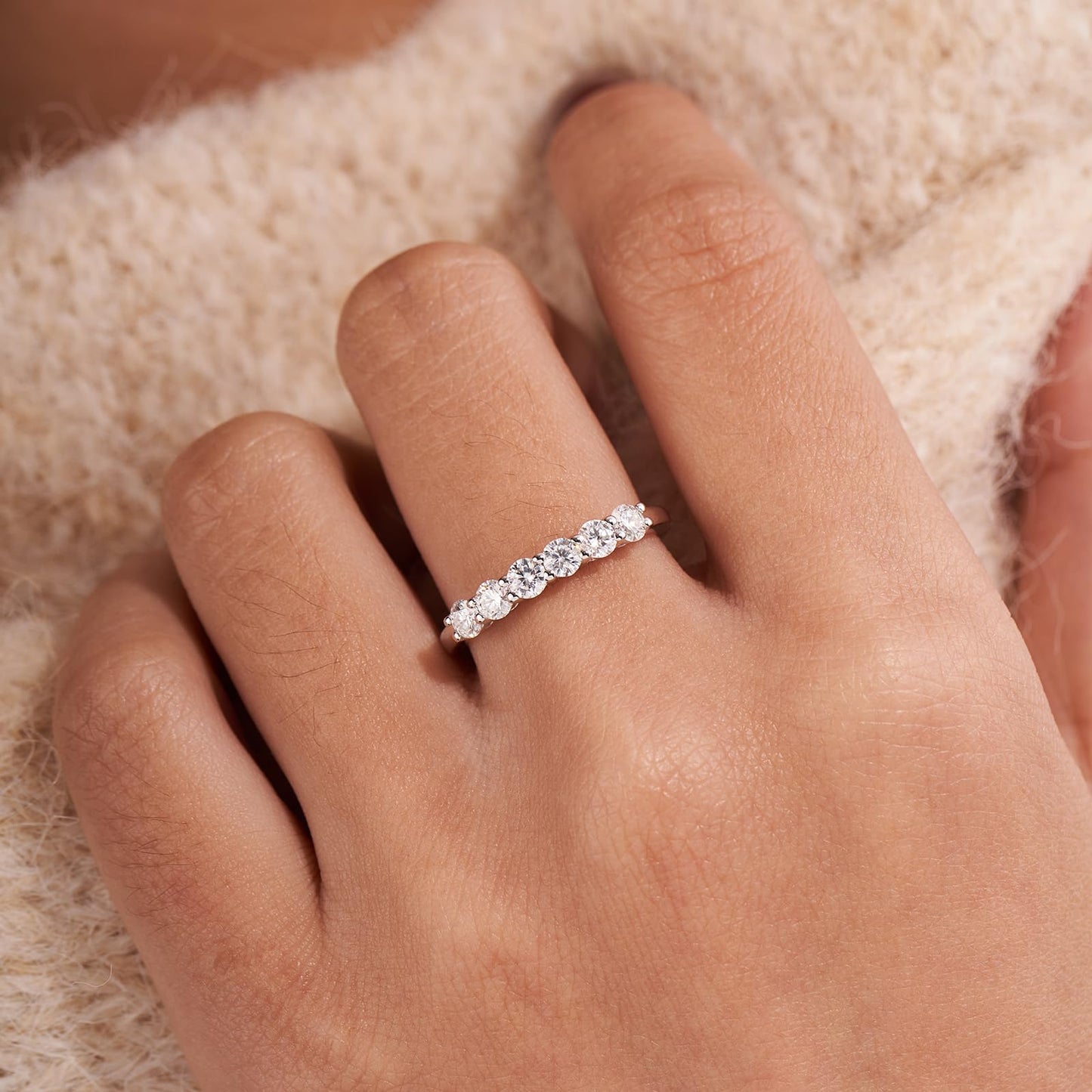 YODEWA Moissanite Wedding Band for Women 6 Real Moissanite Stone 925 Sterling Silver Hypoallergenic 0.6ct DEF Color VVS Lab Crea