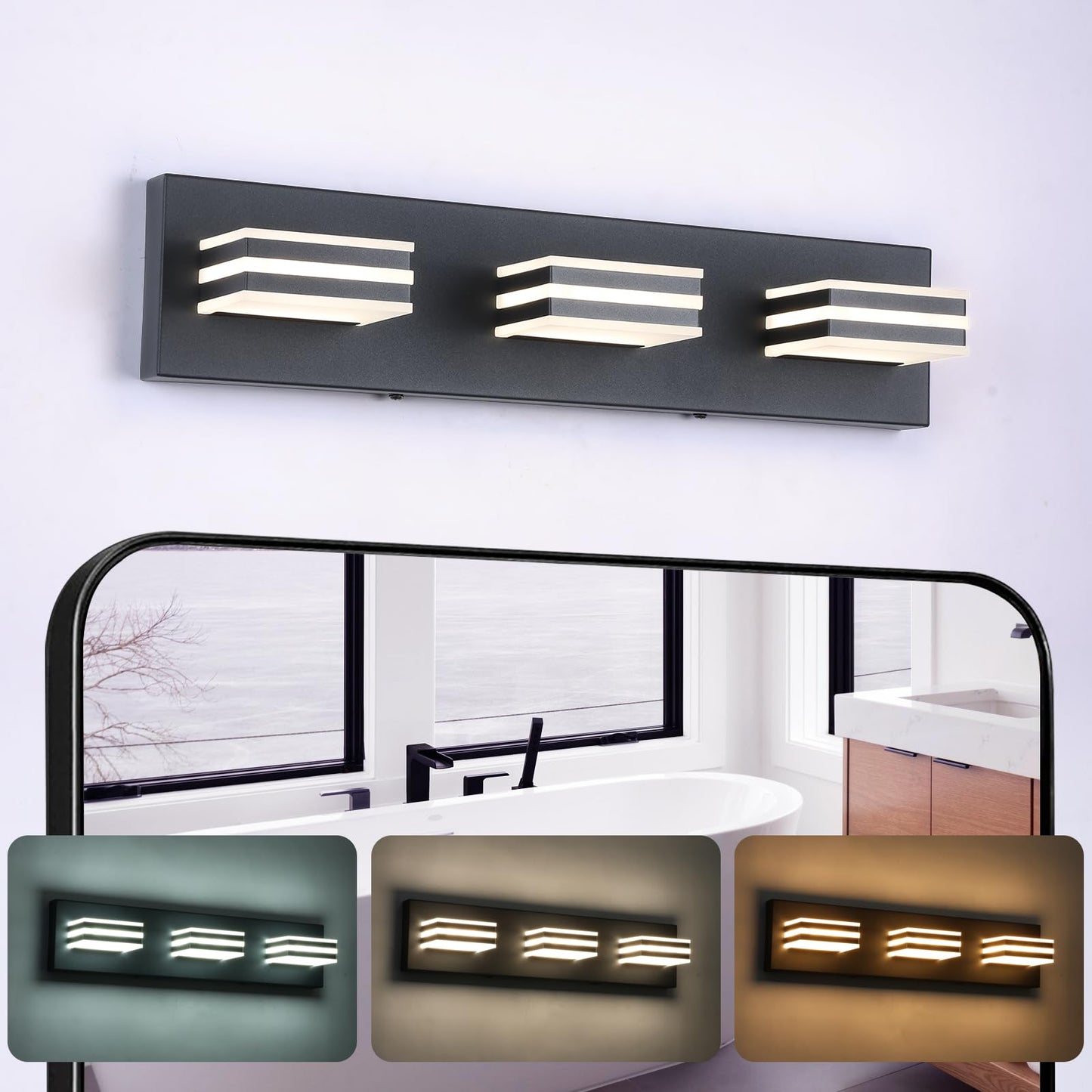 yumcrelect Black Vanity Lights for Bathroom Light Fixtures (3-Light, 20-Inch) Adjust 3 Colors Modern Bath Lighing Fixture Over Mirror LED Vanity Lighting