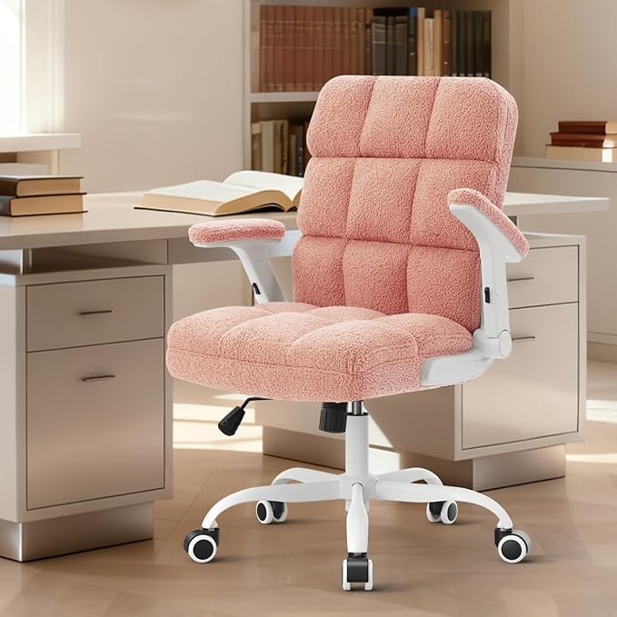 SEATZONE Pink Office Chair Ergonomic Computer Desk Chair with Wheels,Faux Fur Comfy Office Chair for Women and Girls,Teddy Fleece Material