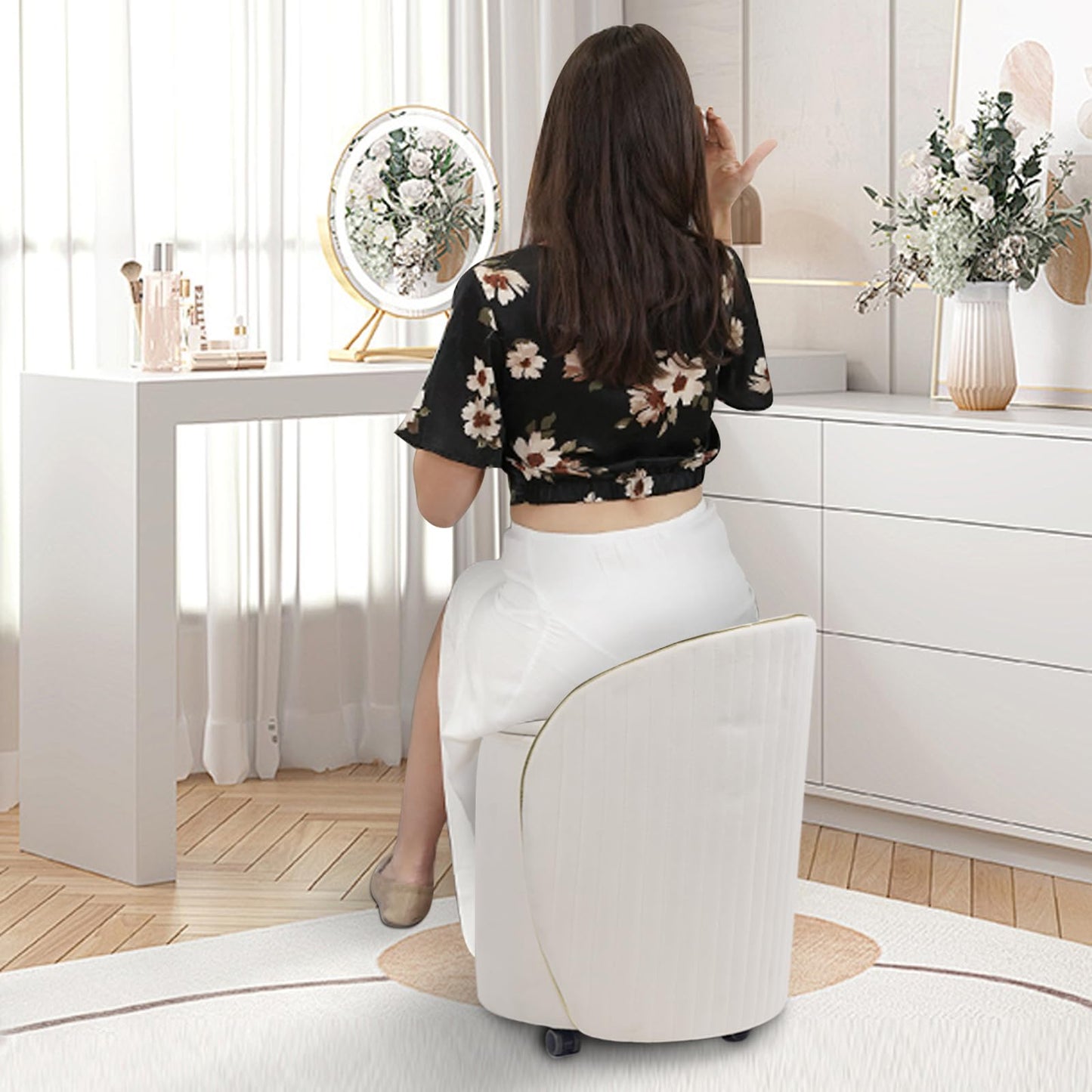KLASIKA Round Storage Ottoman, Upholstered Velvet Vanity Stool with Lumbar Support, Swivel Rolling Wheels, Small Foot Stools Coffee Table Padded Seat for Makeup Room, Living Room, Bedroom Beige