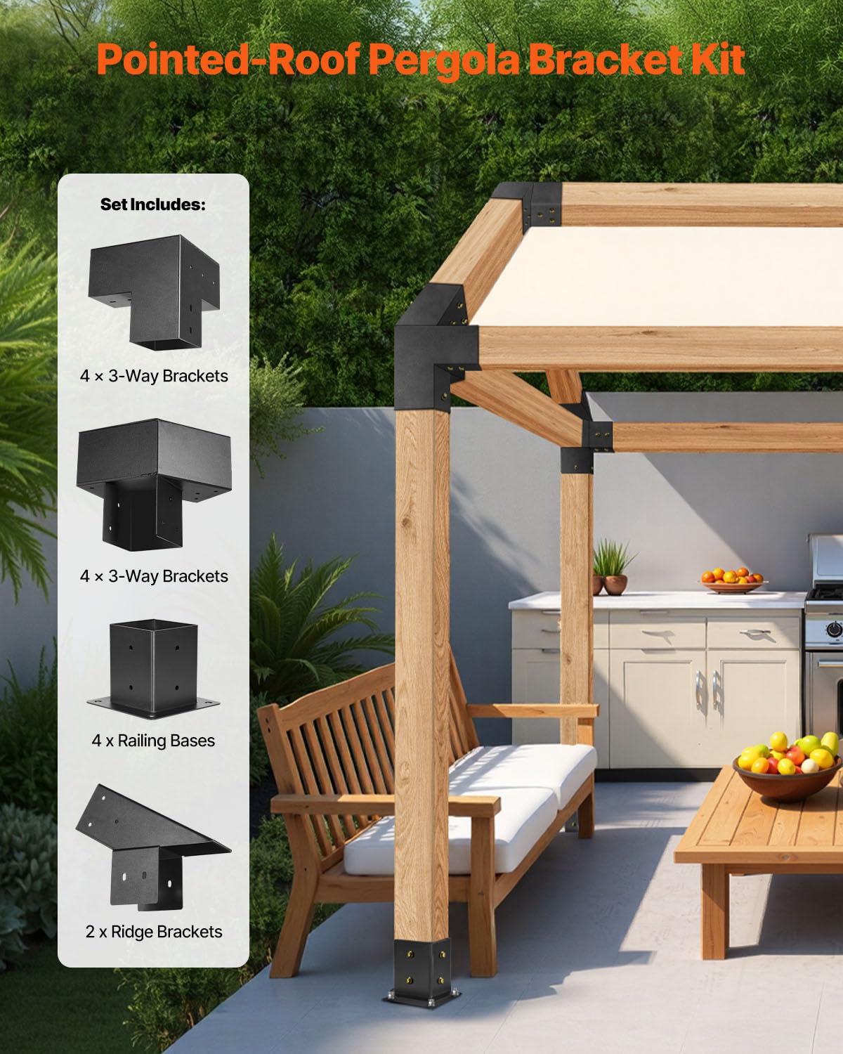 VEVOR Pergola Kit, Metal 4x4 Brackets for 3.5x3.5 Lumber, 14 Pcs, Black, Model SSAC14, 3-Way