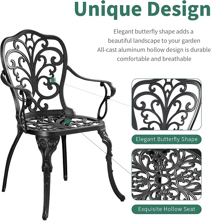 Withniture 3 Piece Patio Bistro Set Cast Aluminum Bistro Table and Chairs Set of 2 with Umbrella Hole,All Weather Metal Bistro Table Set,Outdoor Patio Furniture Set for Garden(Butterfly Black)