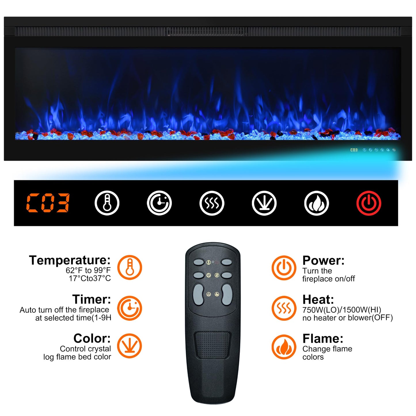 Weka Fireplace Wall Mounted and Recessed Electric Fireplace with App, Remote & Touch Screen, Log Set & Crystal, 13 Adjustable Flame Color, Thermostat, 1-9H Timer, 750w/1500w (72'')
