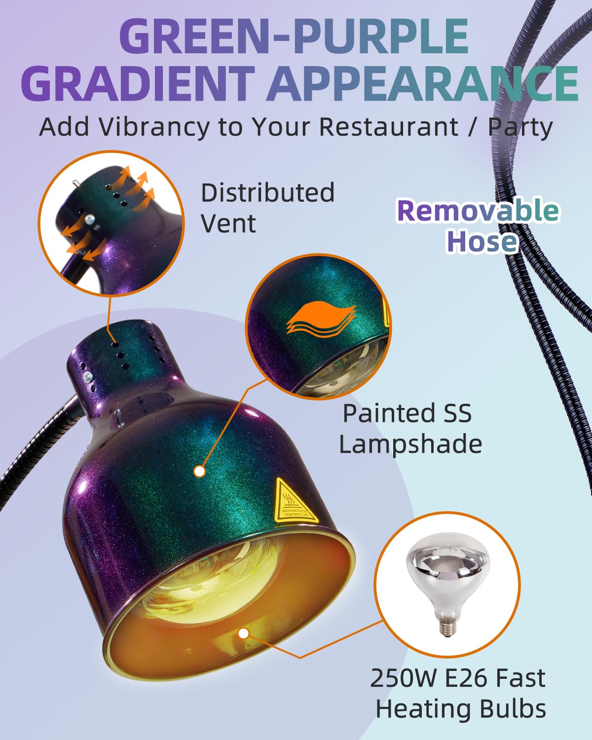 RVGMBO Food Heat Lamp - [3 Bulbs Included] [Rapid-Heating], 500W Commercial Food Warmer Light, Heat Lamp for Food Catering Warming Lamp for Buffet Parties, Green-Purple Gradient